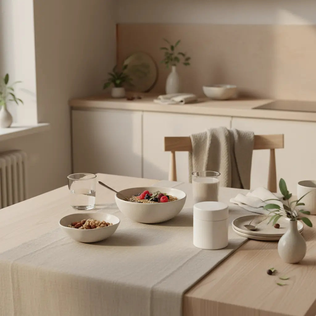 Morgendliche europäische Küche auf nachhaltigem Holztisch mit veganem Müsli, Nüssen, Wasserglas und Proteinshake – ruhige Szene zum 10 kg abnehmen