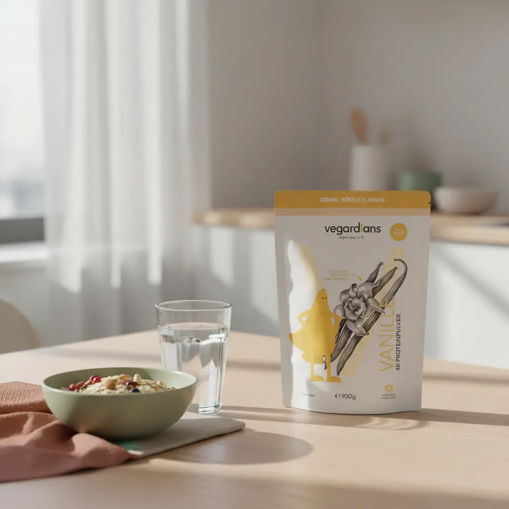 Minimalistisches Frühstück auf nachhaltigem Holztisch mit Glas Wasser, Schale Müsli, Nüssen und dem Produkt aus den Referenzfotos als pflanzlicher Shake; ruhige Morgenstimmung, 10 Minuten Workout