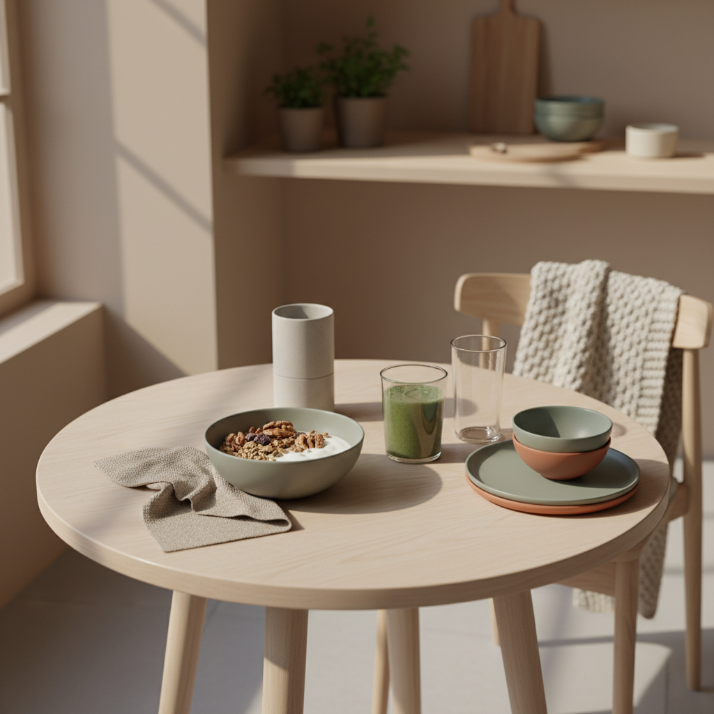 Ruhiges Frühstück mit Granola, pflanzlichem Joghurt, Nüssen und grünem Shake auf Holztisch im Morgenlicht – ästhetisch, nachhaltig und beruhigend, 10 Regeln Vollwerternährung