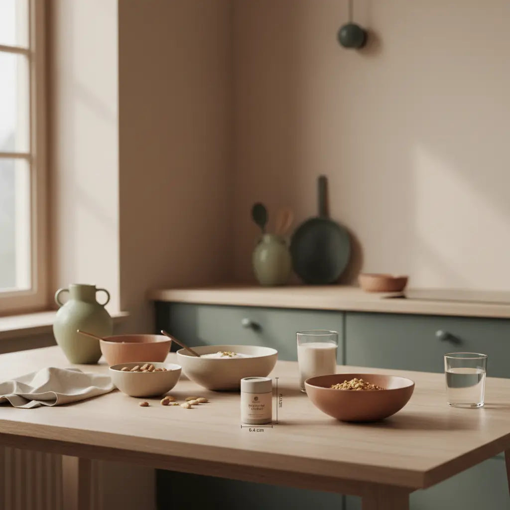 Minimalistisches Frühstück mit Granola, pflanzlichem Joghurt, Nüssen und Shake in sonniger Küche – nahrhaftes Setting für 100 g Protein pro Tag