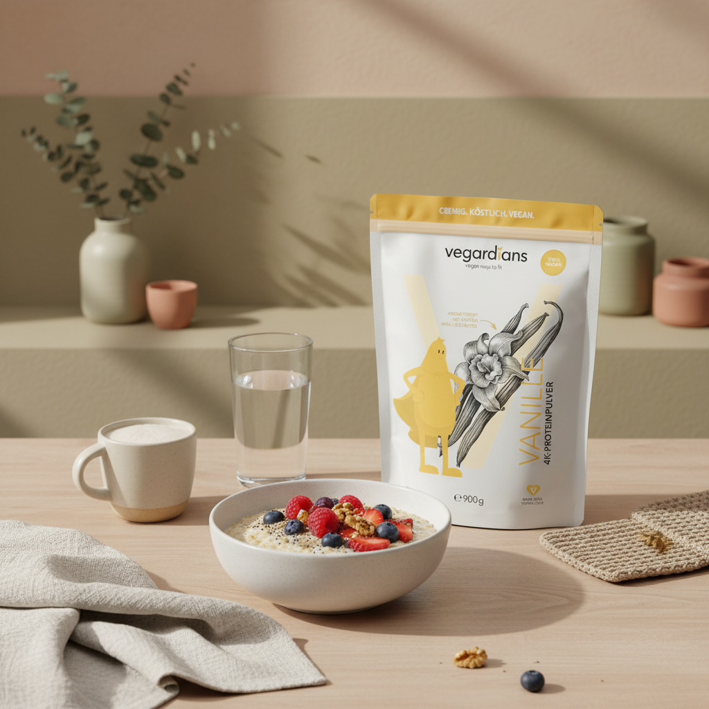 Minimalistisches Frühstück mit Porridge, Beeren, Nüssen, Proteinshake und Referenzprodukt auf Holztisch im Morgenlicht — Szene für 16:8 abnehmen