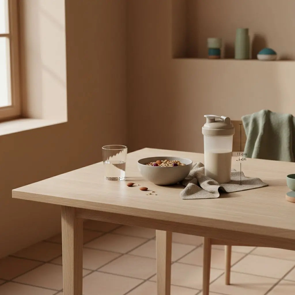 Minimalistische europäische Küchenszene mit Glas Wasser, veganem Müsli, Nüssen und Proteinshake im Morgenlicht – ruhiges Frühstück für die 16:8 Diät.