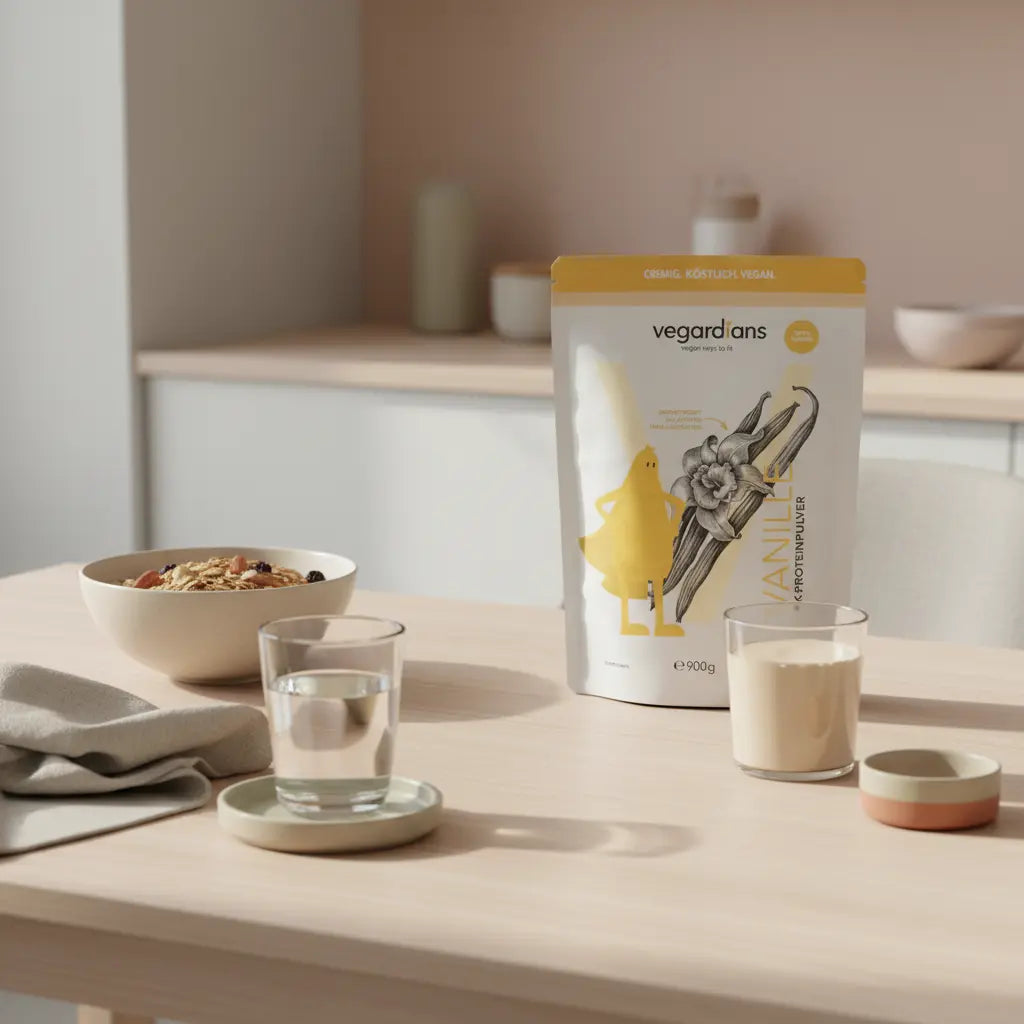 Minimalistisches Morgenfrühstück mit Müsli, Nüssen und veganem Shake auf Holztisch in sanftem Licht – Szene für 16:8 Intervallfasten, ruhige Beige‑Salbei‑Terrakotta-Palette.