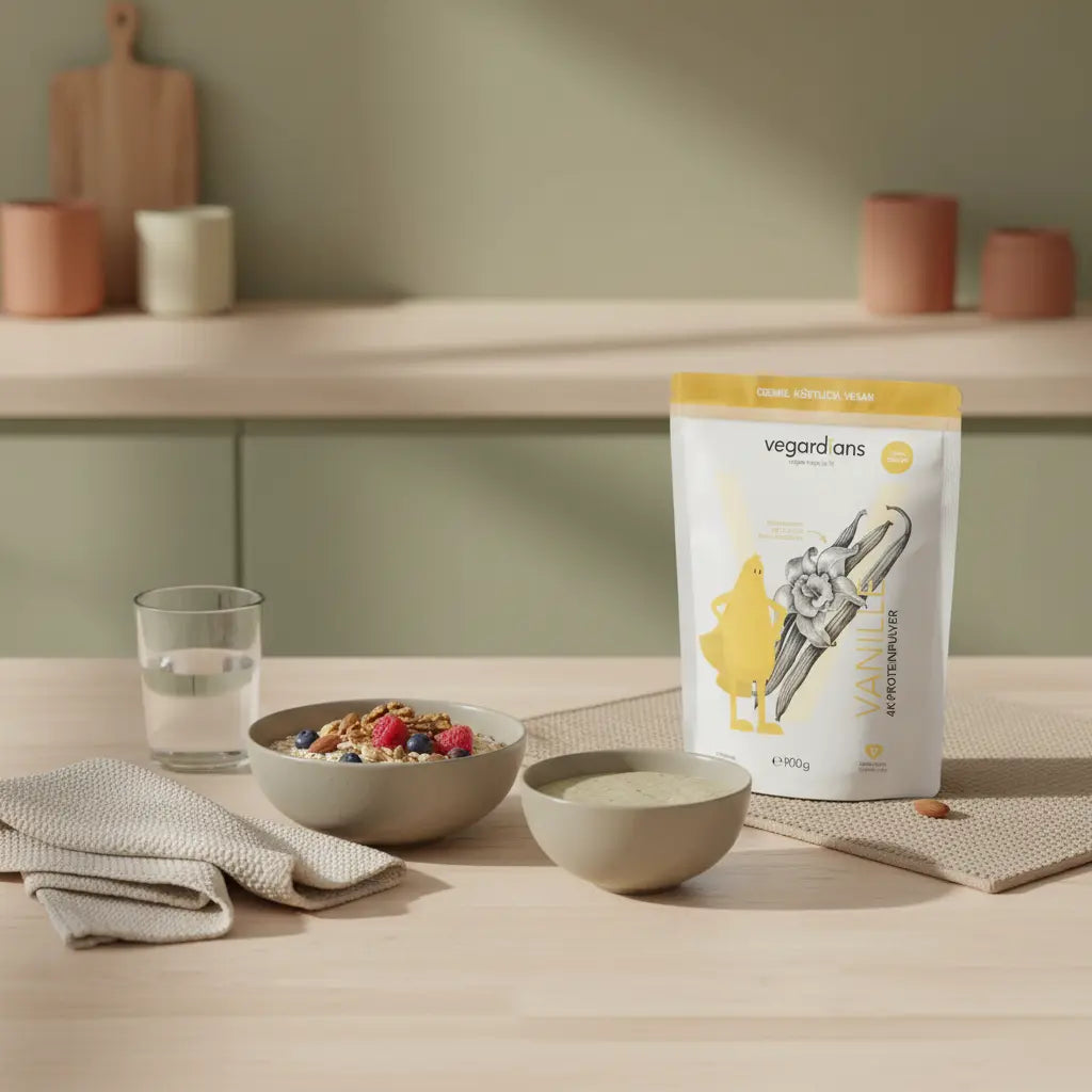 Minimalistische Morgenaufnahme in einer europäischen Küche: nachhaltiger Holztisch mit Wasserglas, Haferbrei mit Nüssen und Beeren, pflanzlicher Protein‑Shake, Wolltextur und Leinenserviette – 16:8 Methode