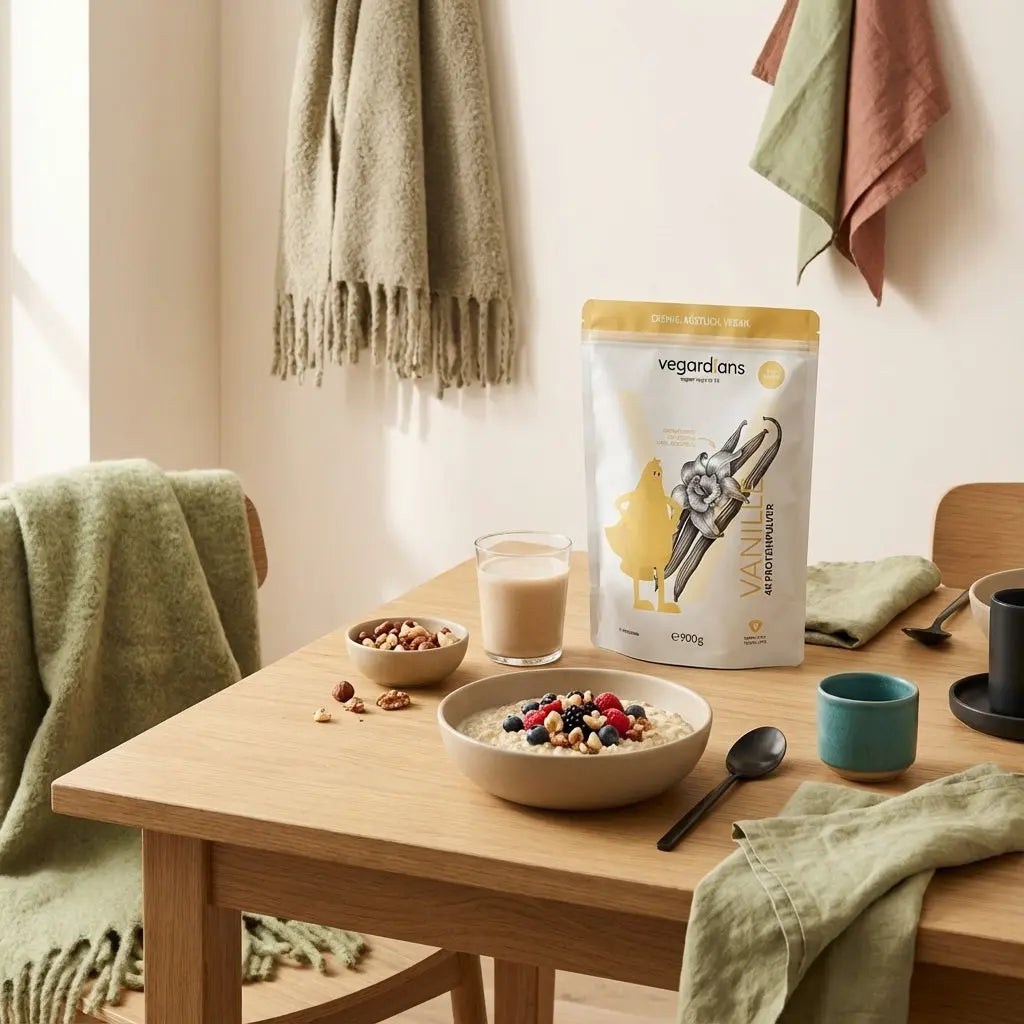 Minimalistisches veganes Frühstück mit Haferbrei, Beeren, Nüssen und Proteindrink auf nachhaltigem Holztisch im Morgenlicht – 1700 kcal abnehmen