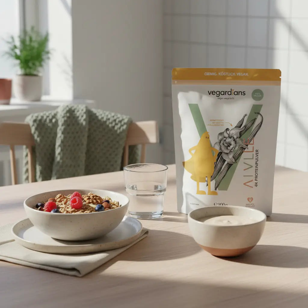 Minimalistisches Morgenstillleben mit proteinreichem Müsli, Glas Wasser und neutralem Proteinshake in Keramik – Vegardians 21-Tage-Challenge