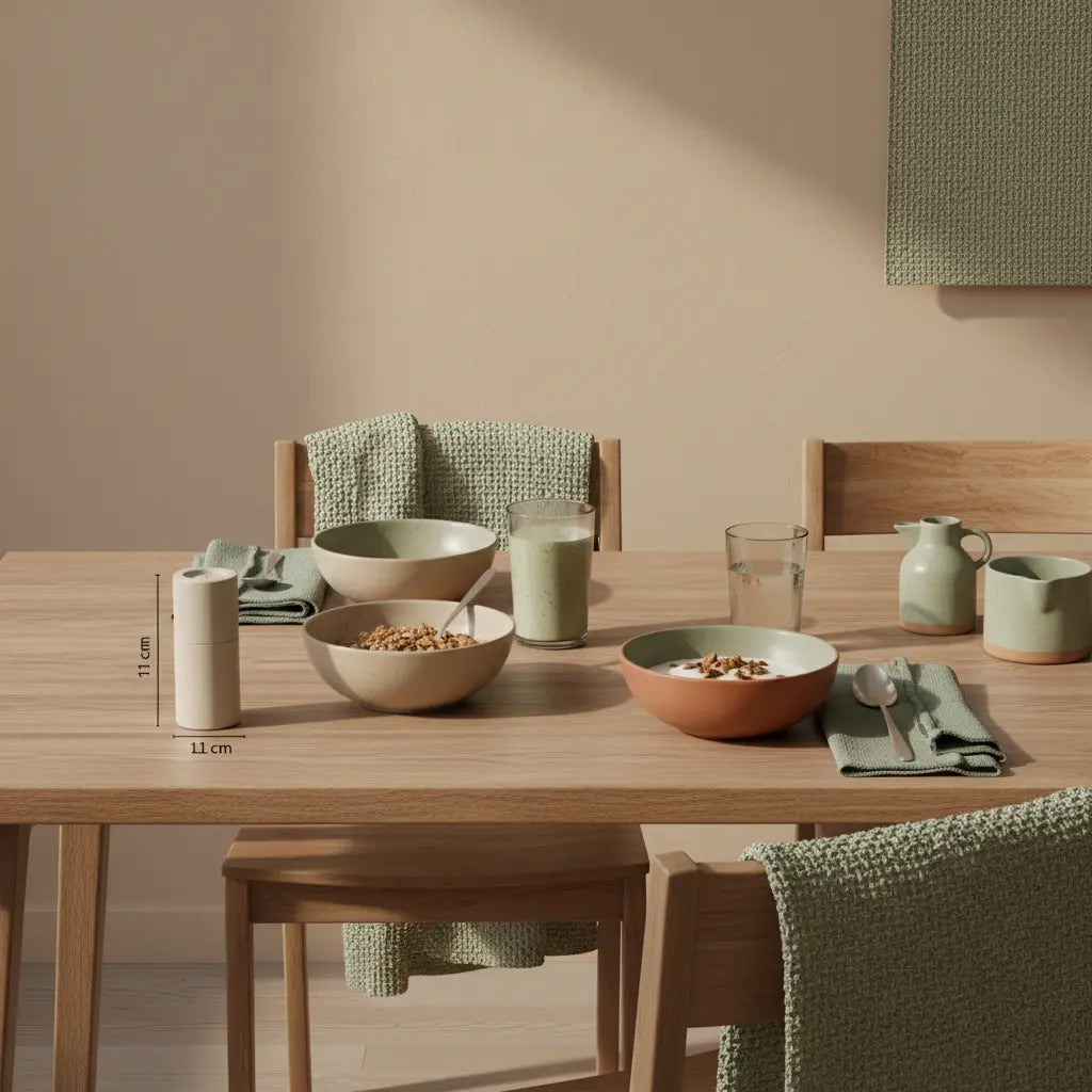 Minimalistisches veganes Frühstück in europäischer Küche mit Granola, Joghurt, Nüssen, Shake und Wasser, dezente Wintertexturen und ruhige Farben – 3-3-3-Regel Dating.