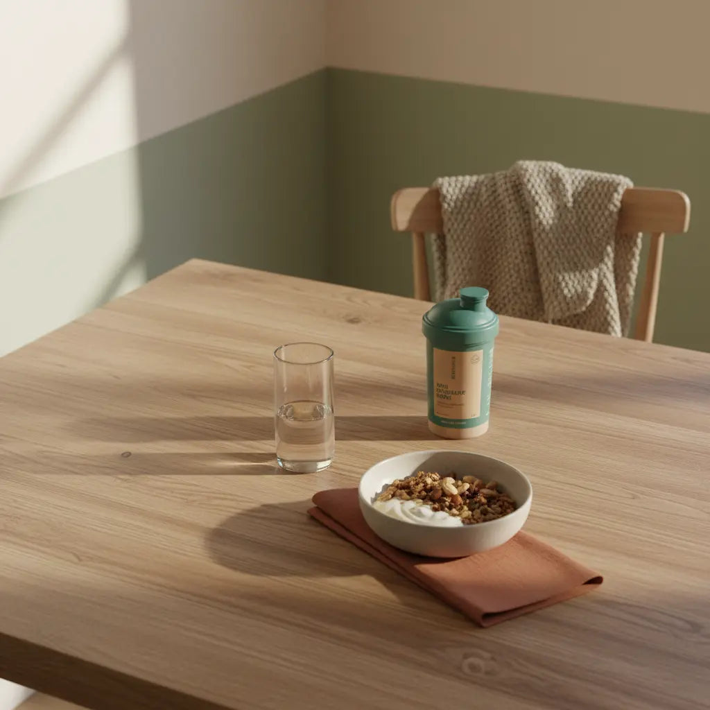 3 Sätze Training: Minimalistisches Morgenfrühstück in europäischer Küche mit Granola, Joghurt, Nüssen und Shake auf nachhaltigem Tisch in Vegardians-Farben.