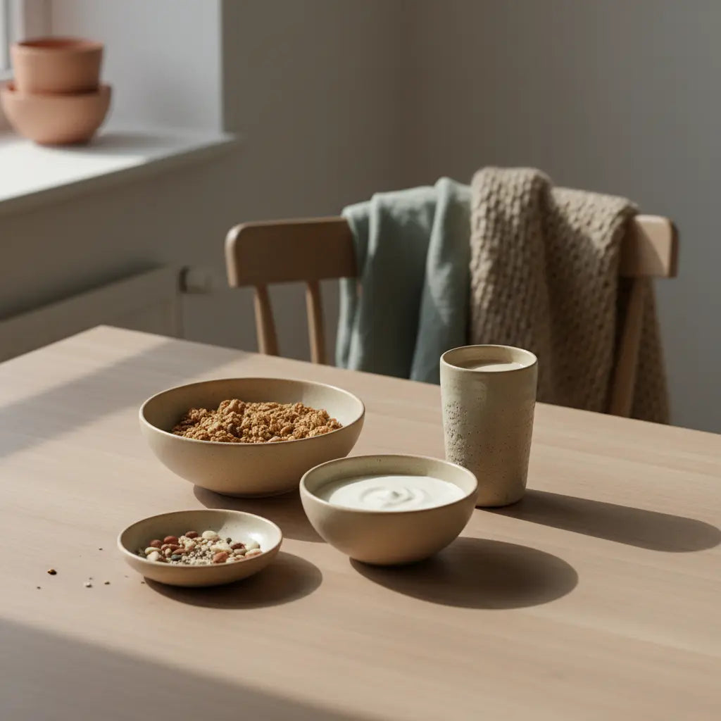 Minimalistische Frühstücksszene in europäischer Küche mit Granola, pflanzlichem Joghurt, Nüssen und Shake — 30 g Protein pro veganer Mahlzeit, Vegardians Ästhetik