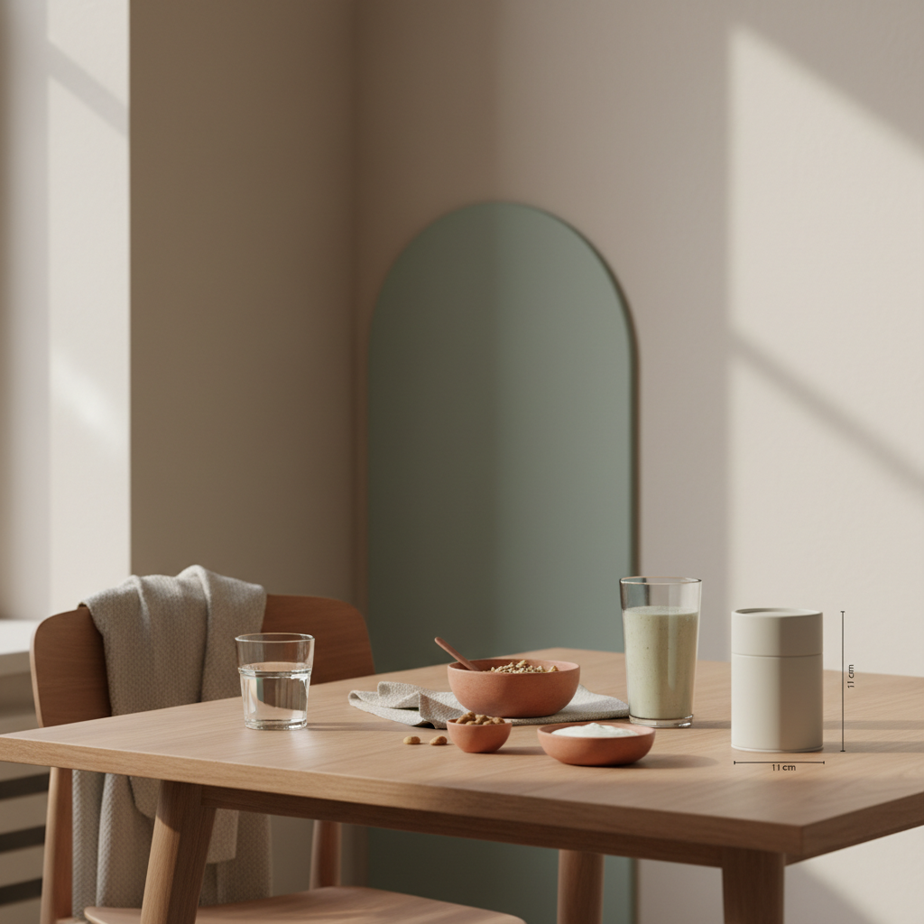 Veganes Frühstück mit Granola, pflanzlichem Joghurt, Nüssen und Shake auf minimalistisch gedecktem Tisch im Morgenlicht – 30 g protein vegan