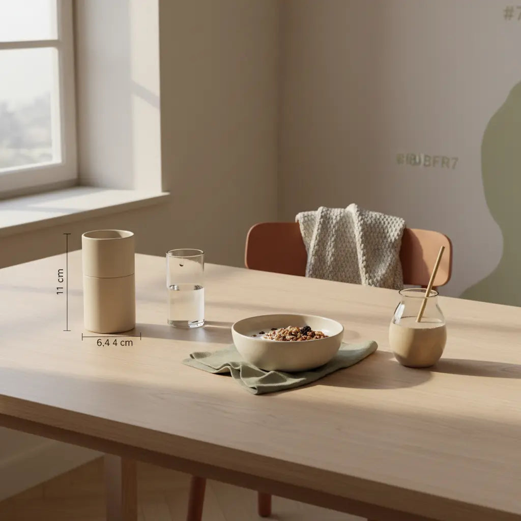 Minimalistischer Frühstückstisch mit Granola, pflanzlichem Joghurt, Nüssen und Shake in ruhiger Morgenatmosphäre – 30 pflanzen pro woche