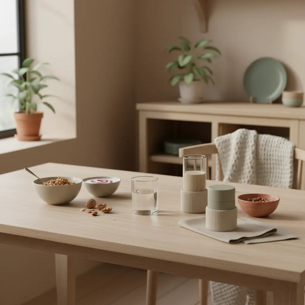 333 Übungsmethode: Ruhiges veganes Frühstück mit Granola, pflanzlichem Joghurt, Nüssen und Shake auf nachhaltigem Holztisch im warmen Morgenlicht, dezente Wollakzente.