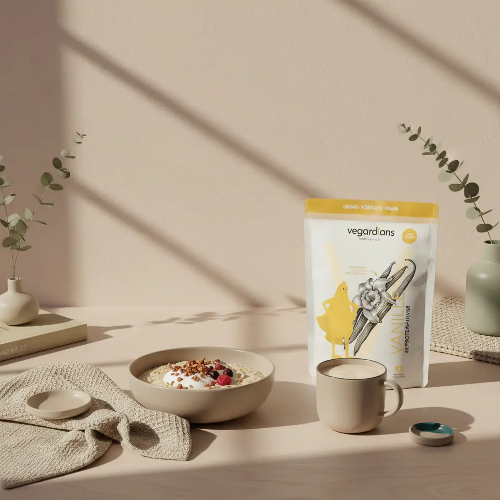 Minimalistisches Frühstück auf nachhaltigem Holztisch mit Hafer, pflanzlichem Joghurt, Nüssen und Proteinshake in Keramik, sanftes Morgenlicht – 4 kilo in einem monat abnehmen