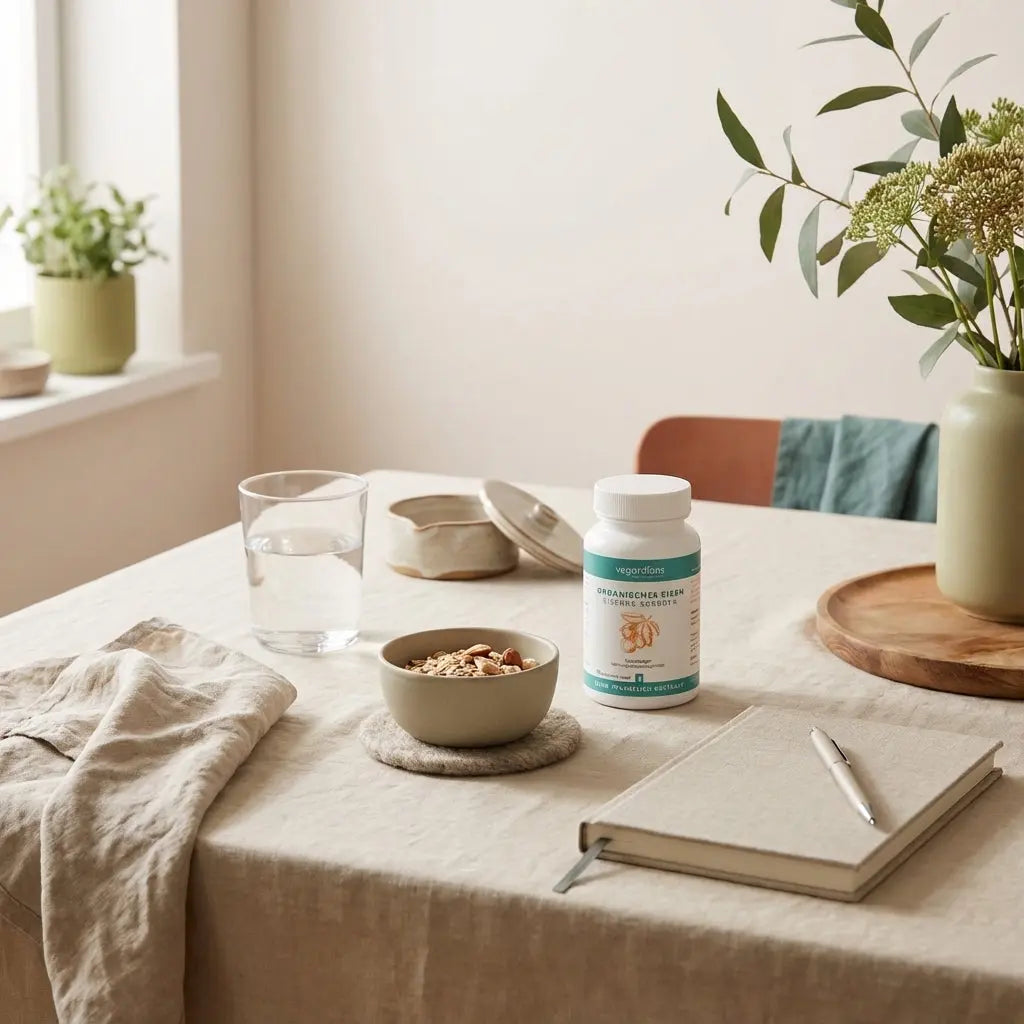 Leerer minimalistischer Frühstückstisch mit Glas Wasser, Schale Hafer und Nüssen, offener Keramikschale und geschlossenem Notizbuch im sanften Morgenlicht — 5-5-5-30-Morgenübung