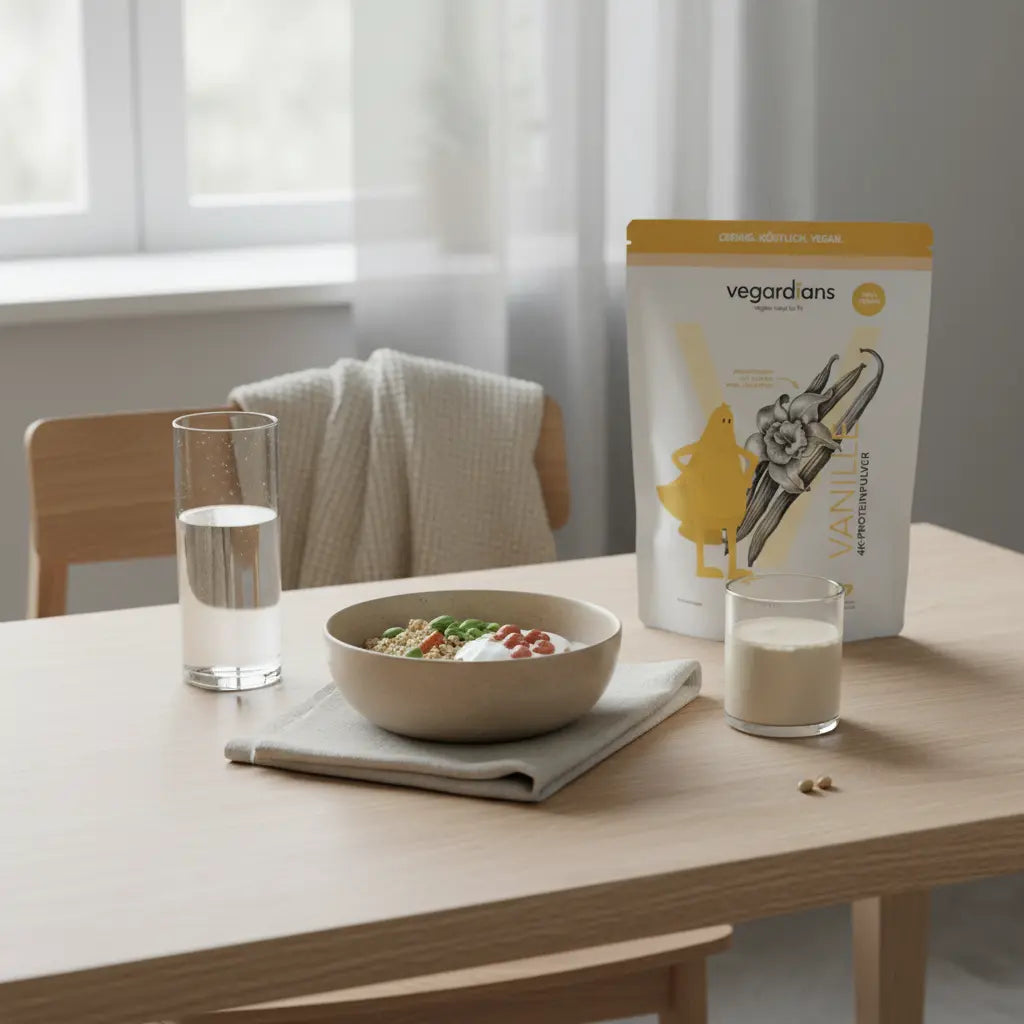 Minimalistische Morgenlicht-Küchenszene mit nachhaltigem Tisch, Glas Wasser, veganer proteinreicher Mahlzeit und Proteinshake, geeignet für Artikel 500 Kalorien pro Tag