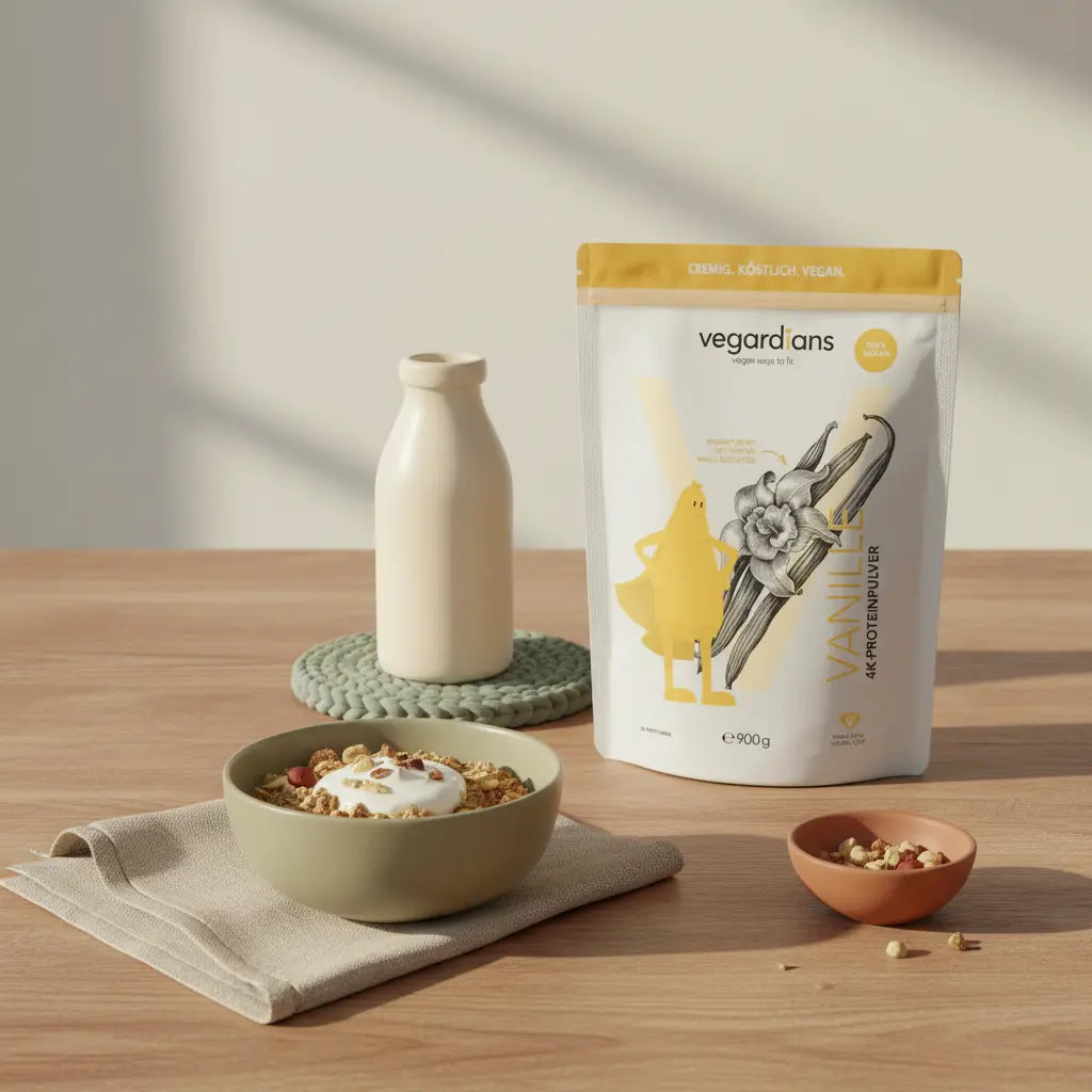 Veganes Frühstück auf nachhaltigem Holztisch mit Müsli, pflanzlichem Joghurt, Nüssen und Proteinshake in schlichter Keramikflasche – ruhige Szene zum 8 Kilo abnehmen.