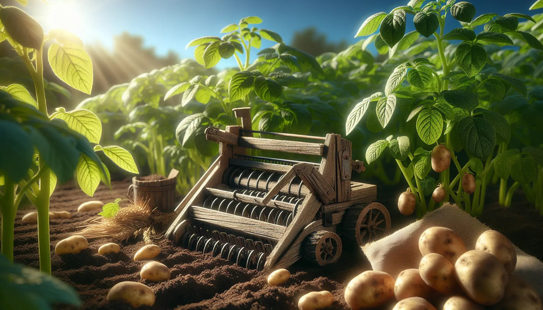 nachhaltiges bio kartoffelfeld mit dunkler erde und gruener pfanzen unter blauem himmel und sonnenlicht im freien