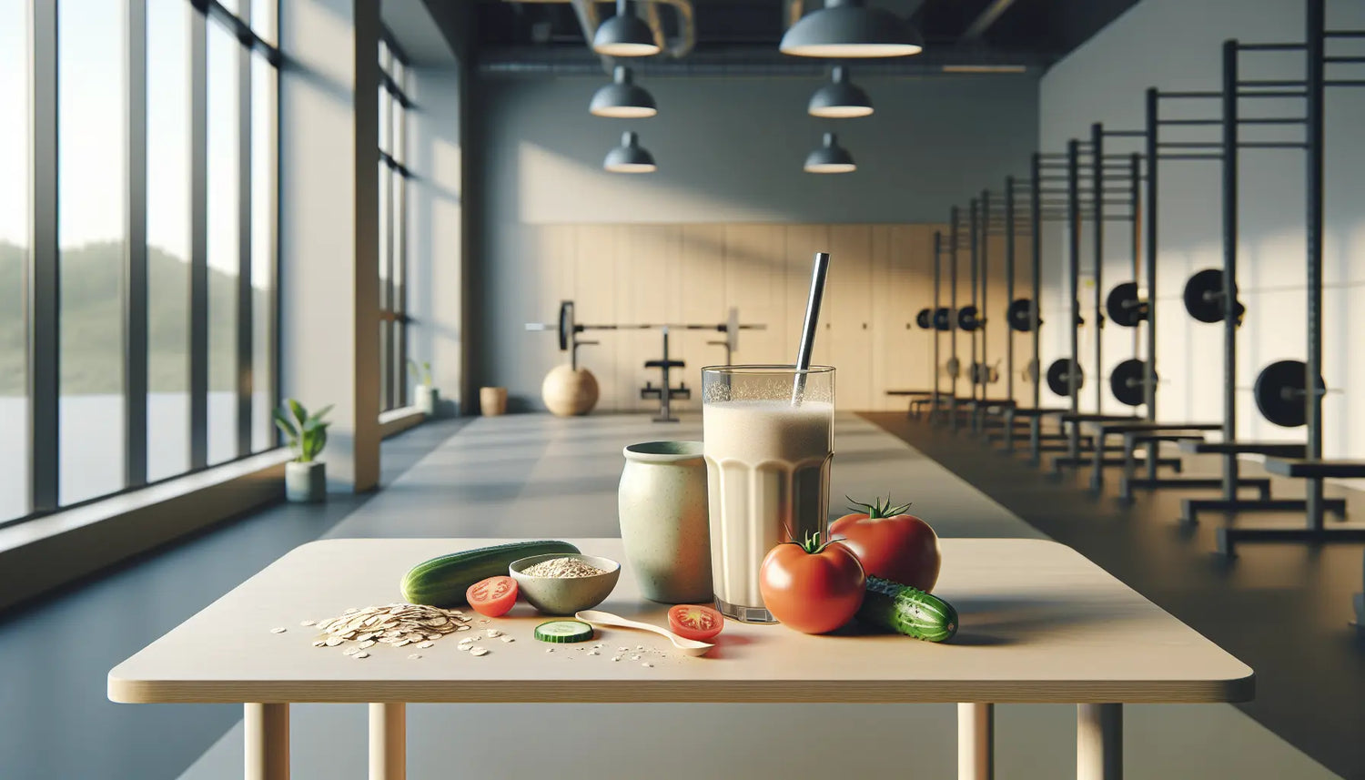 fitnessstudio tisch mit proteinshake gemuese und proteinprodukten helles licht freundliche atmosphaere