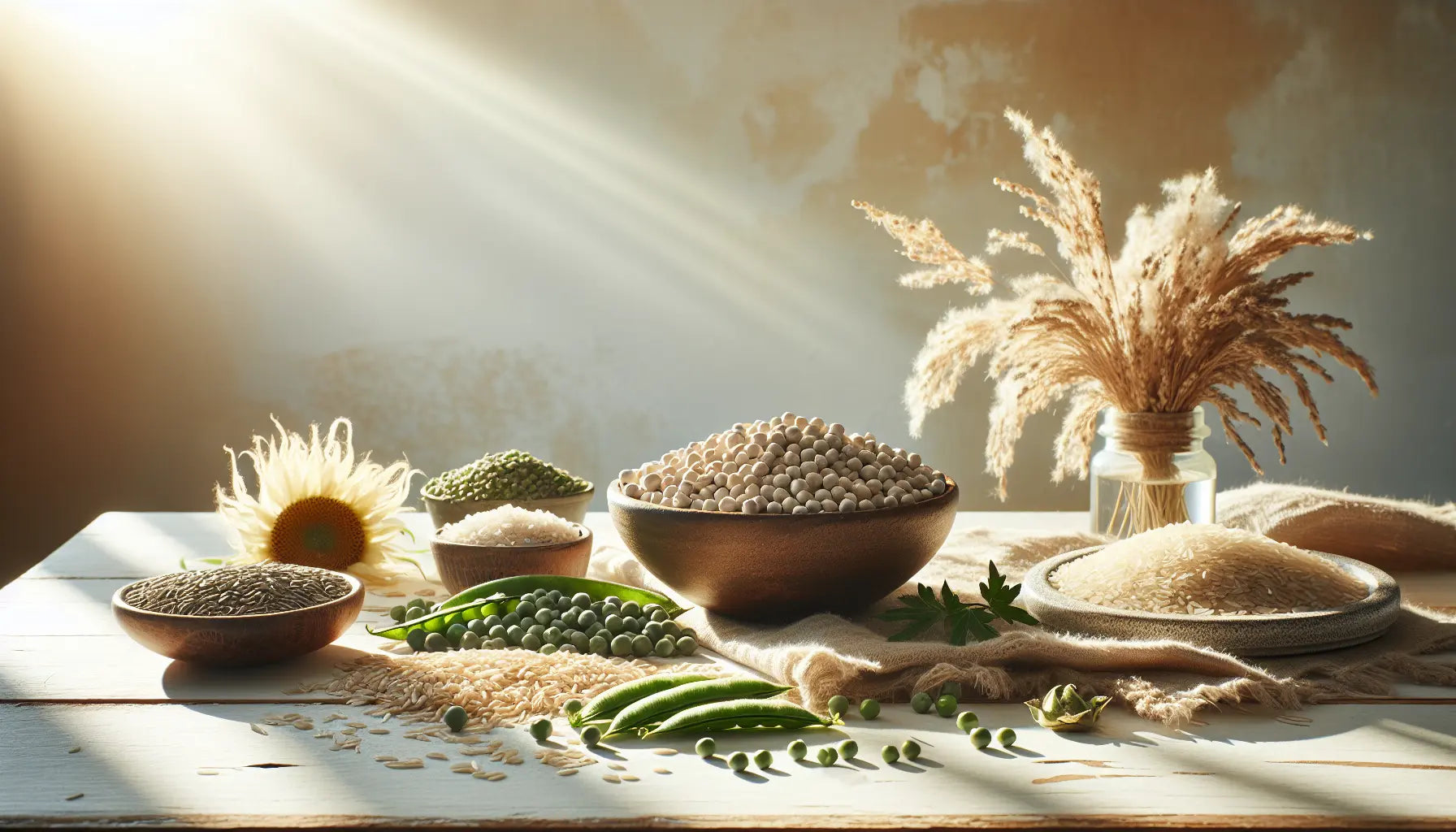 Collage aus pflanzenproteinen erbsen reis hanf sonnenblumen auf heller holzoberflaeche mit natürlichem hintergrund