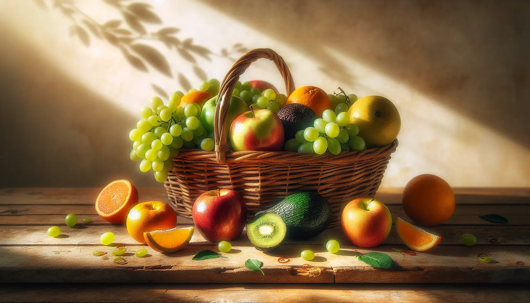 korb gefuellt mit aepfeln trauben zitrusfruechten und avocados auf hellem holztisch in warmem tageslicht