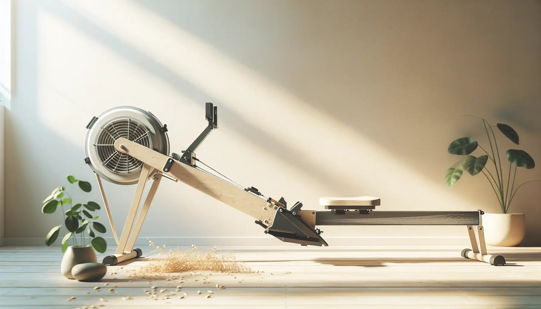 modernes rudergeraet in hellem raum neben gruener pflanze ruhige erfrischende atmosphere sonniges licht