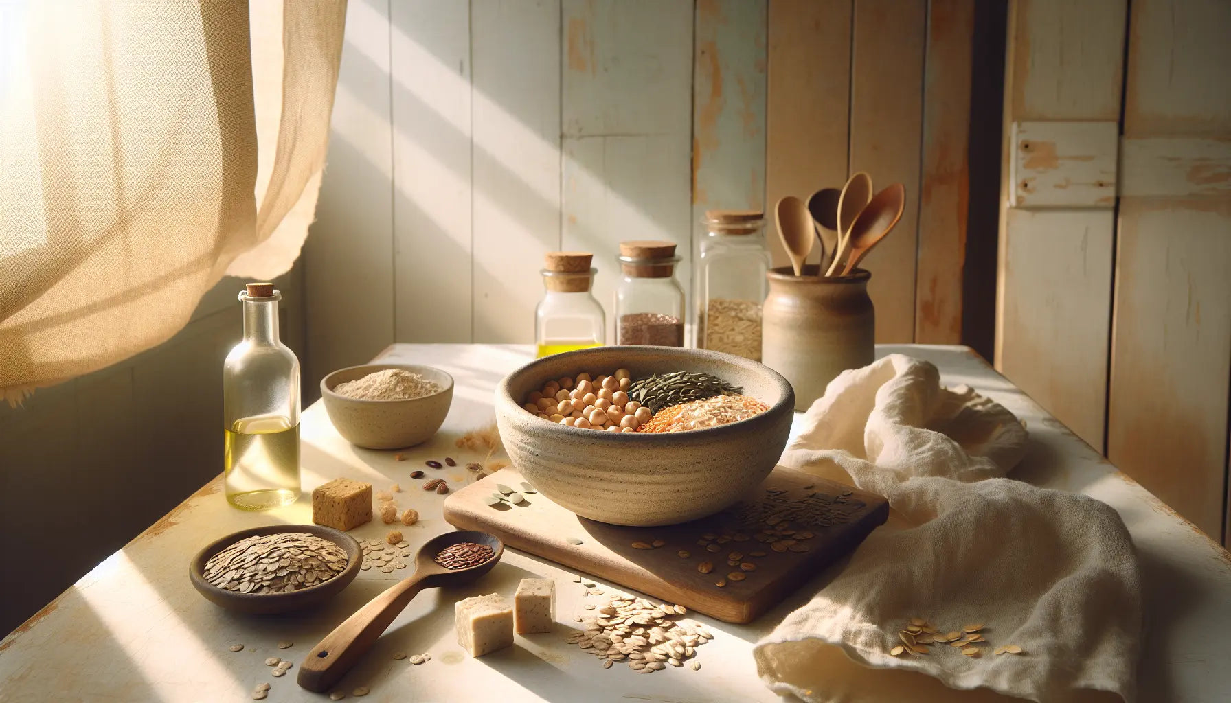 Steinzeugschale mit pflanzlichen Proteinen Kichererbsen Tofu Linsen auf heller Holzarbeitsflaeche in sonniger Kueche mit Leinen und Saaten