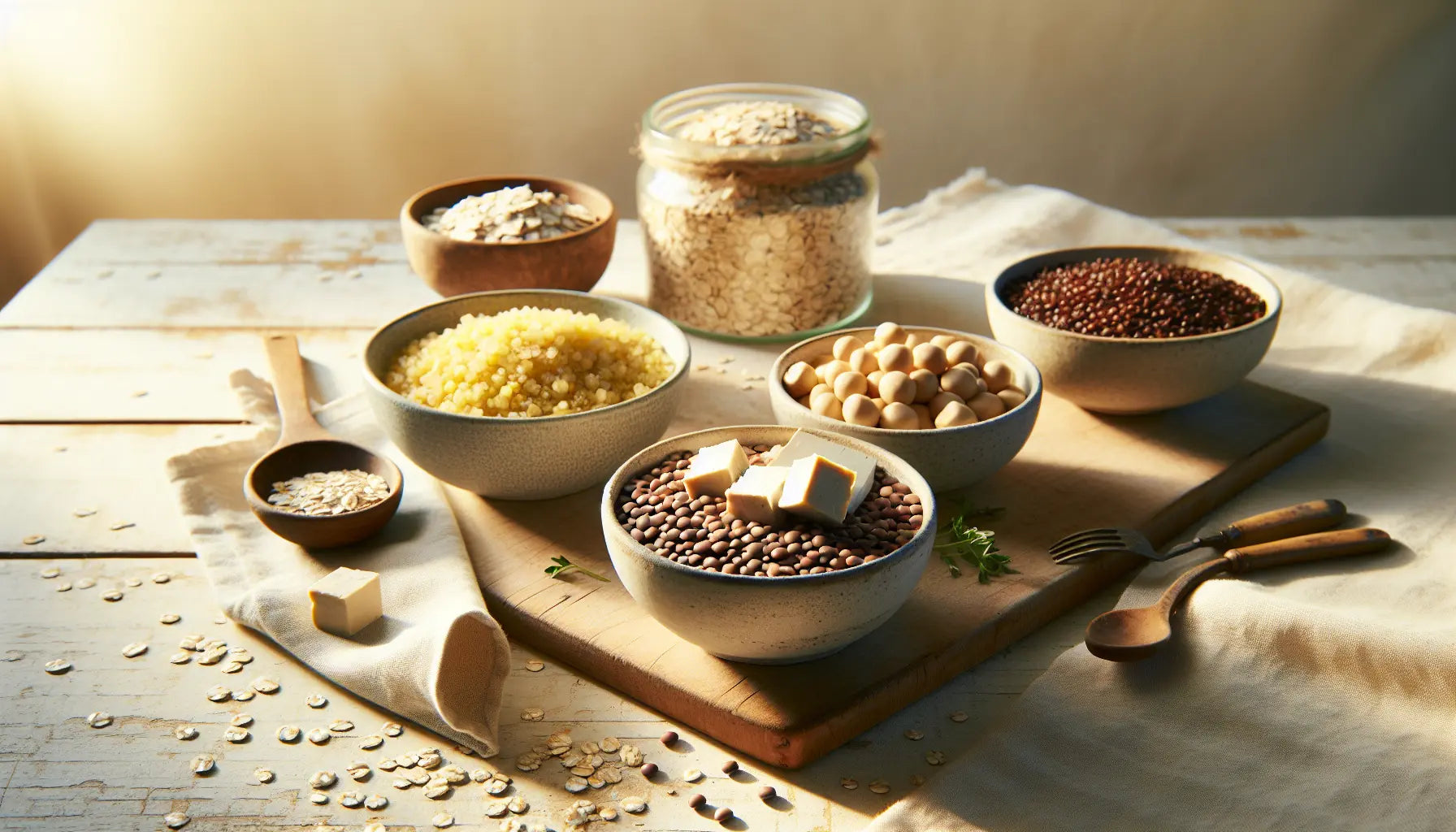 auswahl proteinreiche vegane lebensmittel tofu linsen quinoa realistisch angeordnet auf heller rustikaler holzflaeche natürliche vegane ernährung