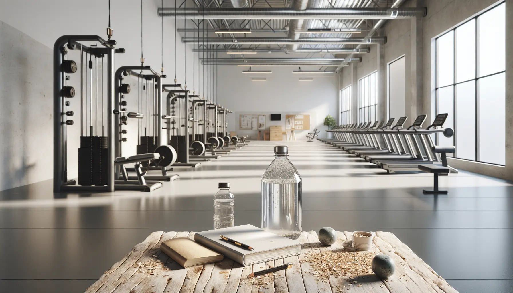 offener trainingsbereich fitnessstudio mit modernen geraeten hellen baenden natursteinboden und wasserflasche mit notizbuch auf holzplatte