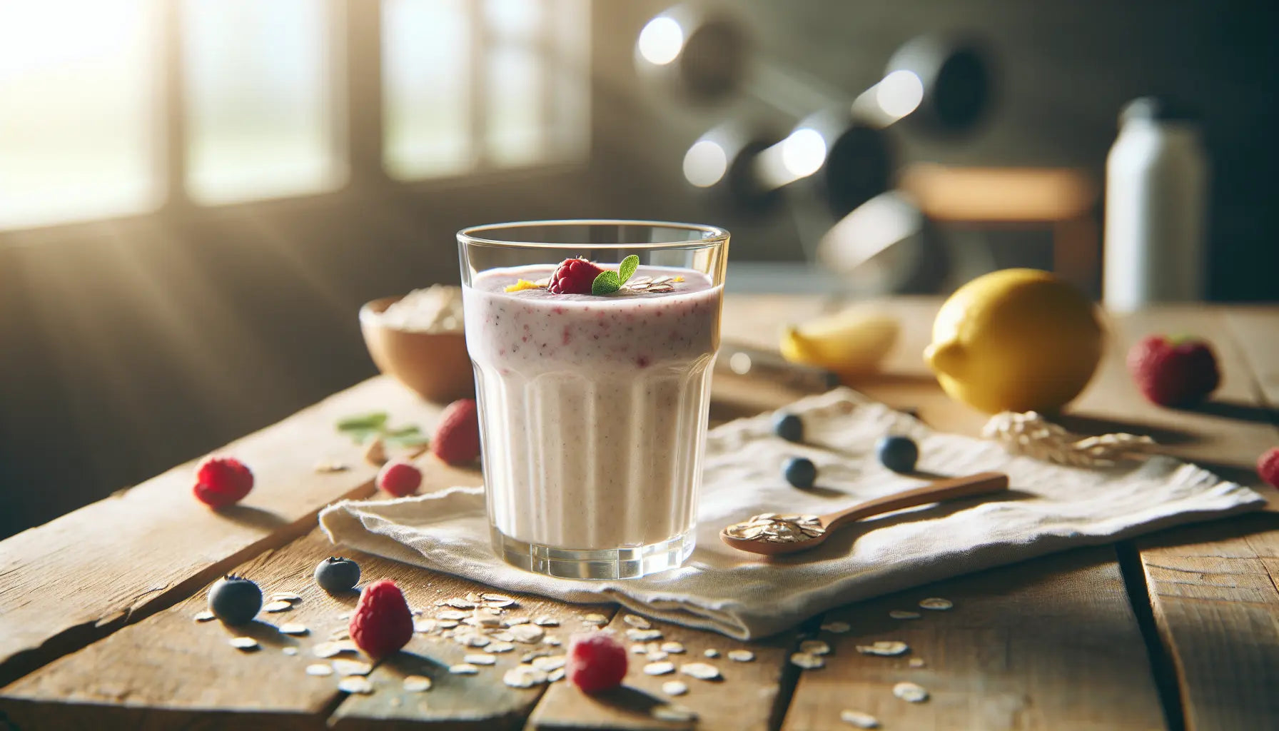 glas mit pflanzlichem protein smoothie auf birkenholz tisch mit beeren und haferflocken heller unscharfer sportlicher hintergrund