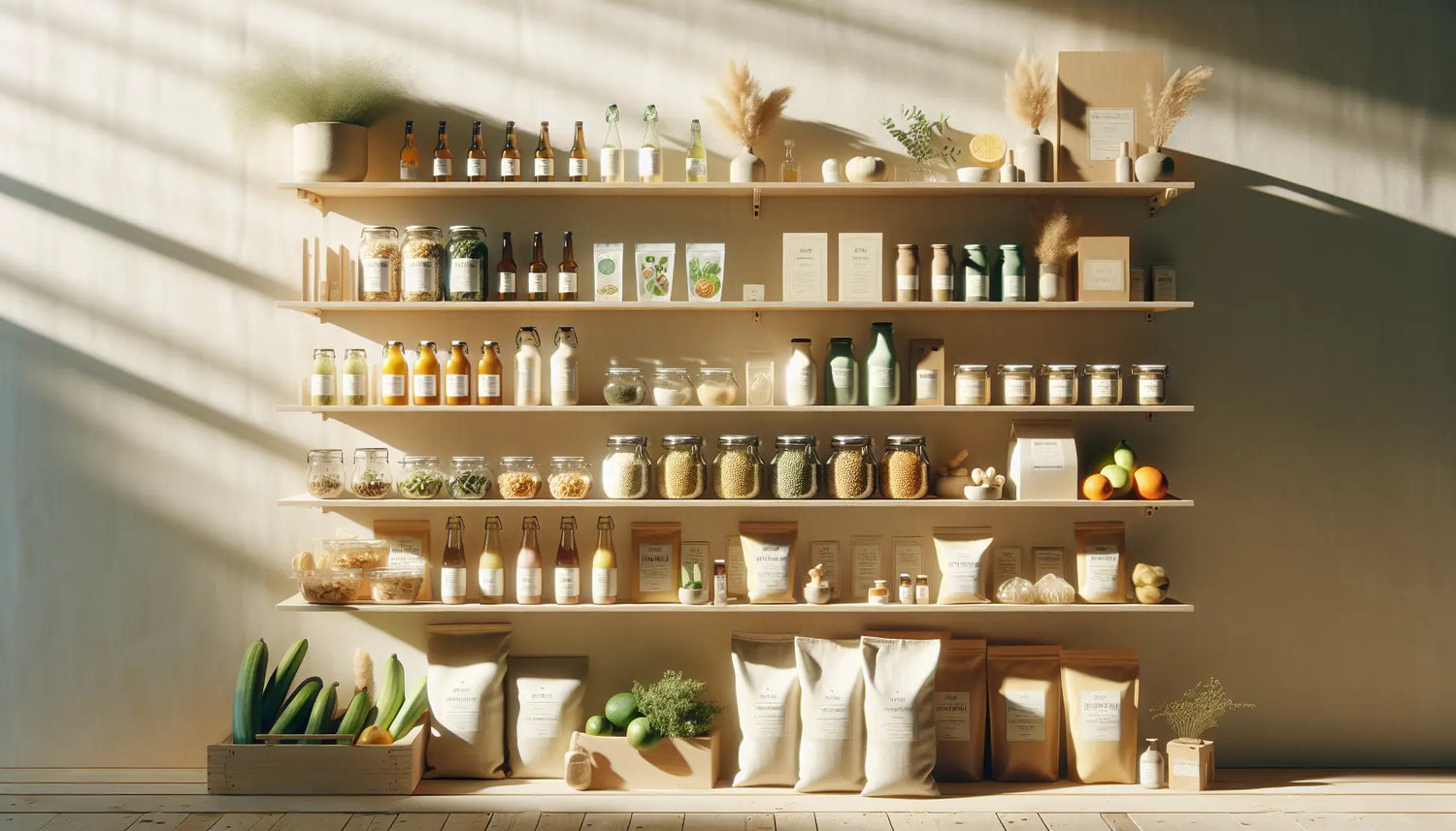 Supermarktregal mit pflanzlichen verarbeiteten Lebensmitteln glasflaschen pakete helle natuerliche farben ruhige aufgeraumte szene