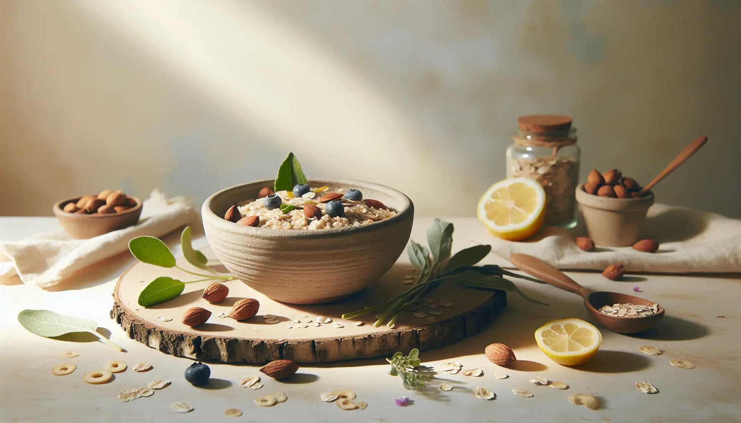 schale mit haferflocken nuessen zitronenzesten salbeiblatt und blaubeeren auf heller rustikaler holzoberflaeche symbol fuer pflanzliche ernahrung ethische balance