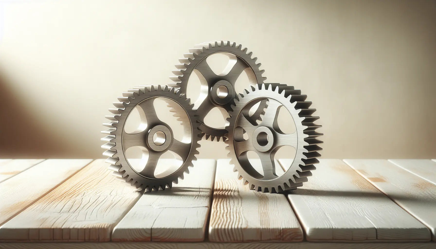 drei ineinandergreifende zahnräder aus metall auf hellem holz als symbol fuer bewegung ernahrung entspannung