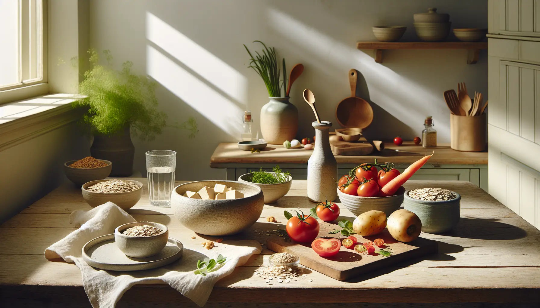 frische gemuese tofuwuerfel getreide schale auf hellem holztisch mit sonnendurchflutetem hintergrund vegane kuche