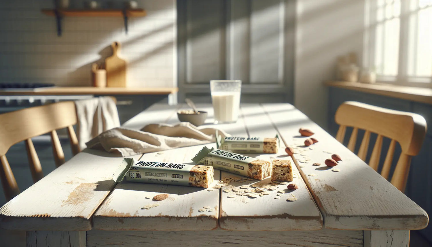 Vegane Proteinriegel locker arrangiert auf hellem Holztisch moderne küche mit Tageslicht haferflocken nussstücke und Hafermilchglas