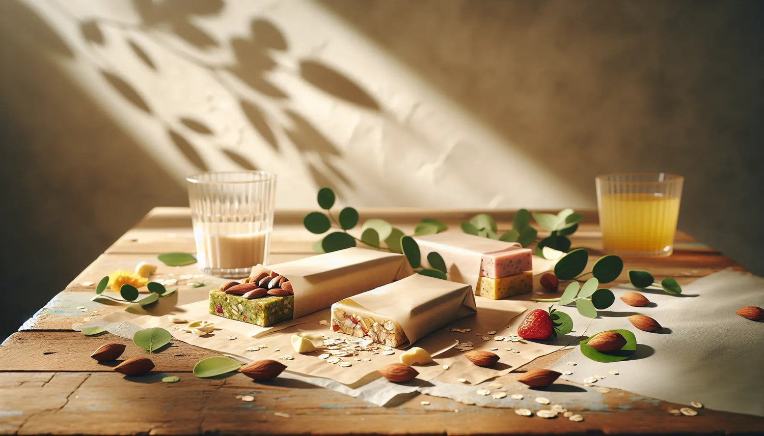 heller rustikaler Holztisch mit veganen Proteinriegeln natuere Zutaten Nuesse Obst gruene Blaetter natürliche Lichtstimmung