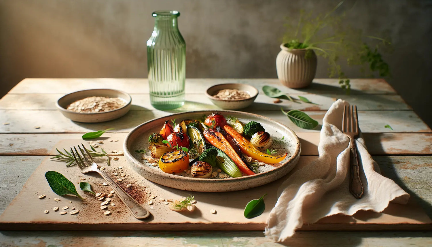 veganes gericht auf hellem holztisch mit frischem gemuese kraeutern und glas wasser