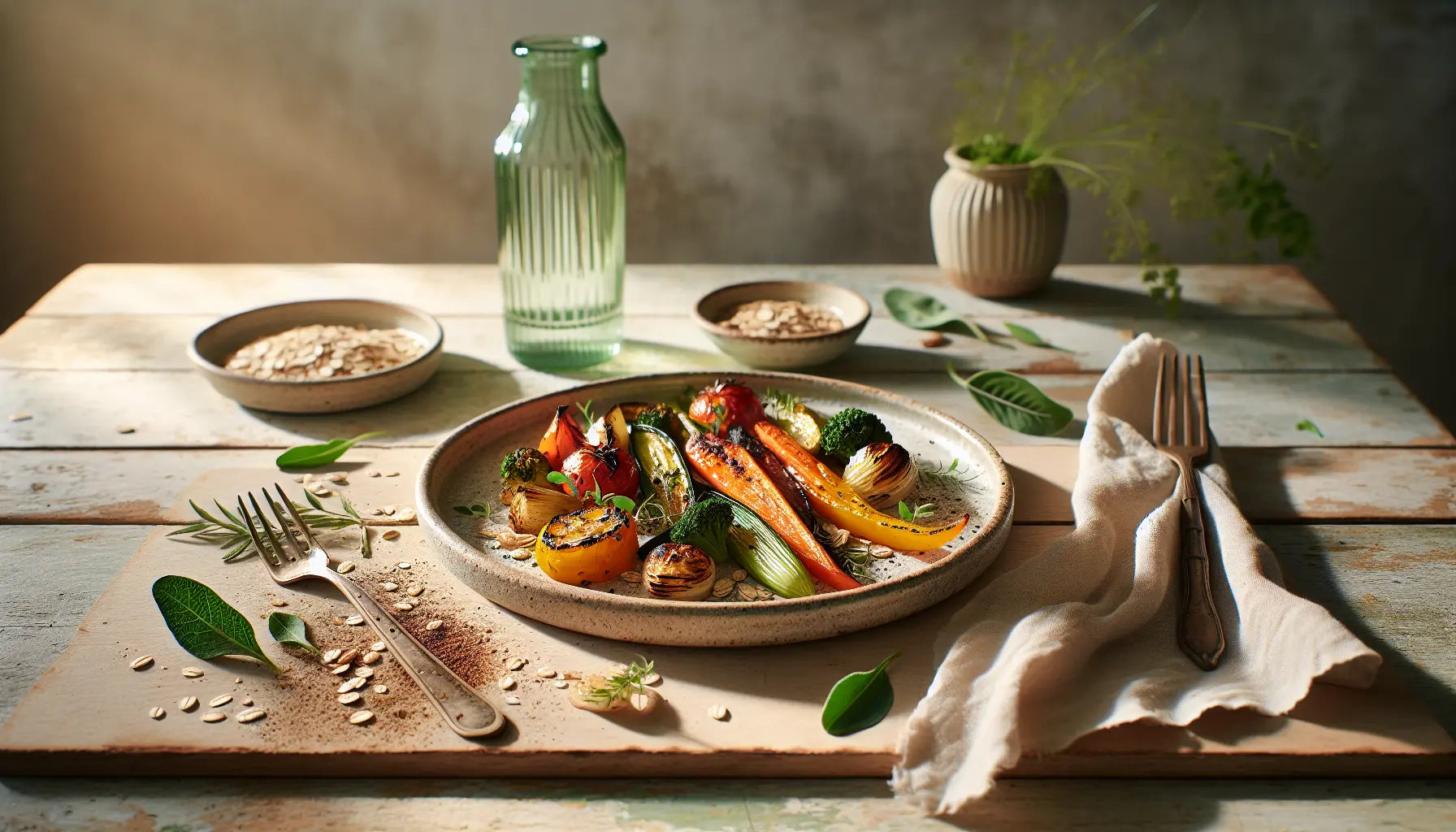 veganes gericht auf hellem holztisch mit frischem gemuese kraeutern und glas wasser