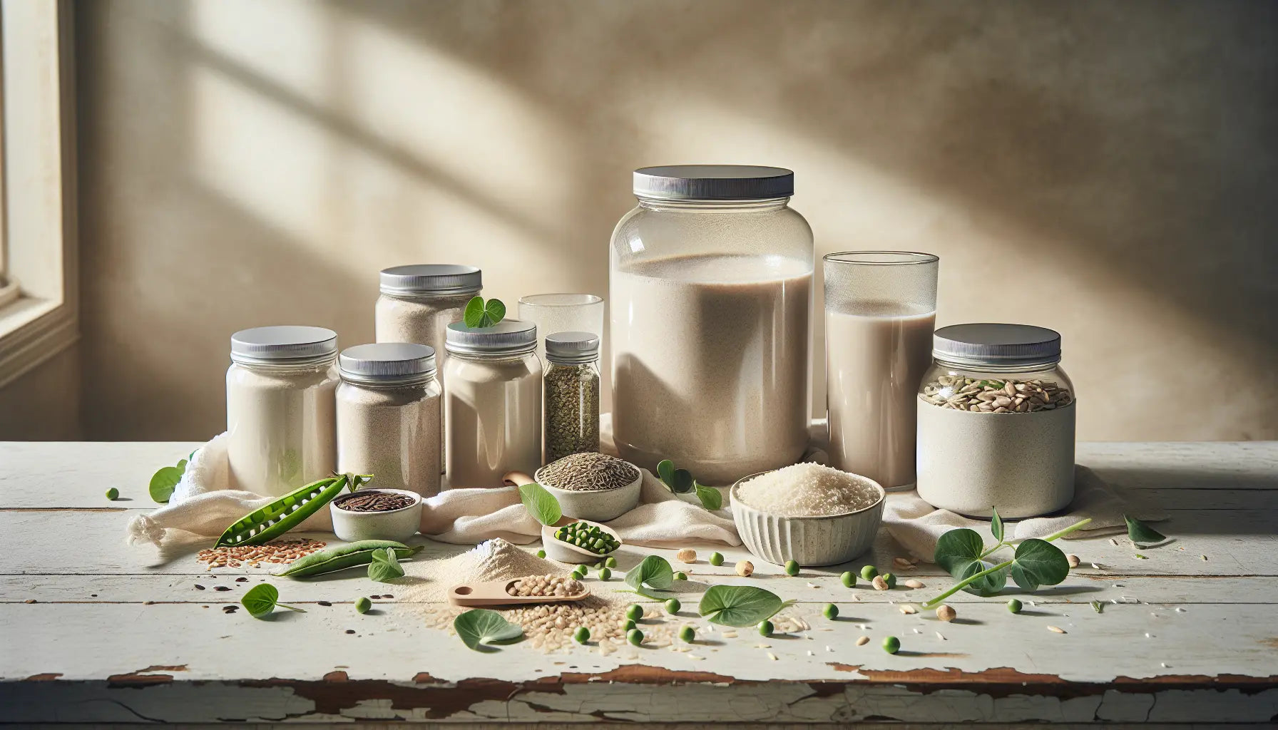 veganes protein pulver set glasgefaesse mit erbsen reis hanf samen sonnenblumenkerne auf hellem holztisch mit pflanzenblättern