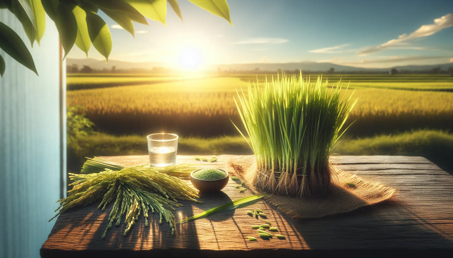Reisacker mit jungen grünen Pflanzen im Vordergrund und Weizenfeld im Hintergrund bei Sonnenuntergang auf heller Holzoberflaeche