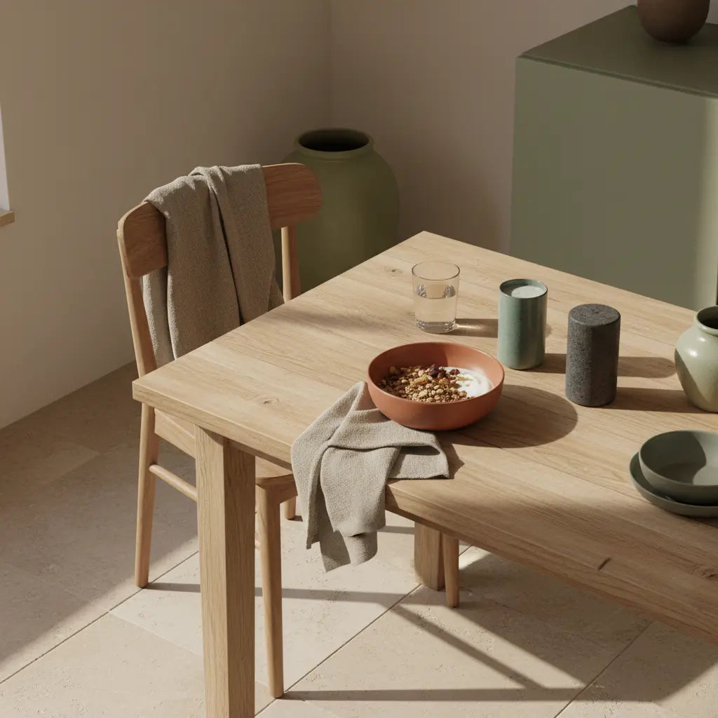 Aufgeräumter Vegardians-Frühstückstisch mit Granola, Pflanzenjoghurt, Nüssen, Shake, Glas Wasser und Abnehm-Kapseln im sanften Morgenlicht, beige-salbeigrüne-terrakotta Farbpalette.