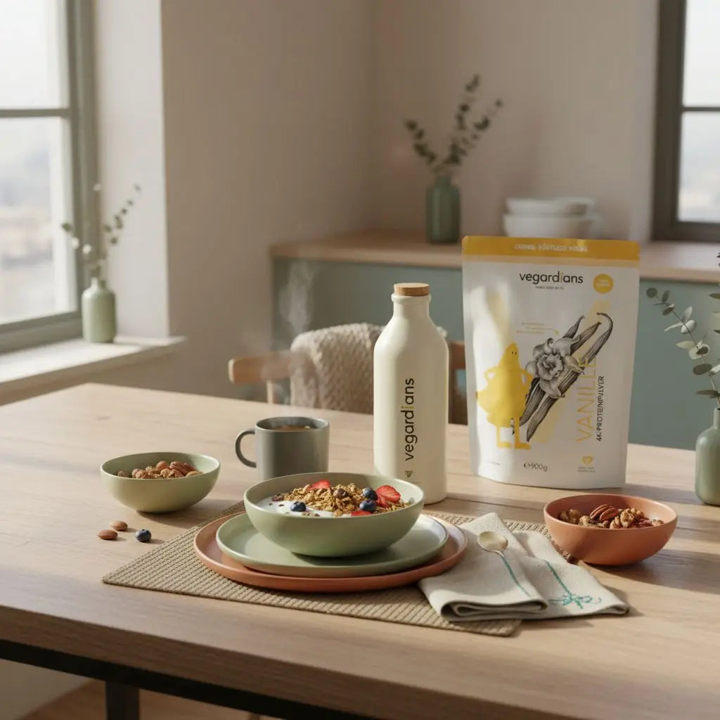 Veganer Frühstückstisch in sanftem Morgenlicht mit Müsli, Nüssen, Beeren und Shake auf nachhaltigem Holztisch – fördert abnehmen ab 60