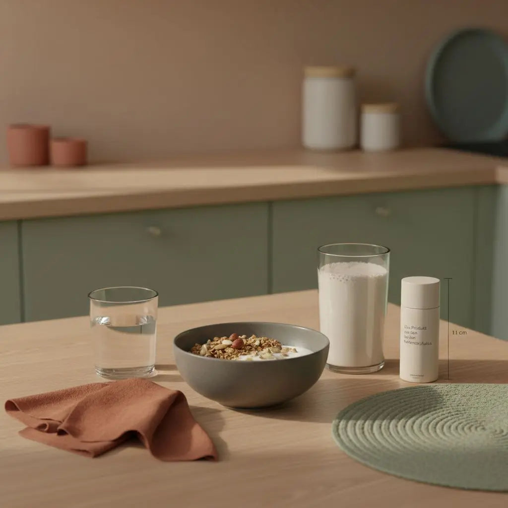Minimalistisches Frühstück auf Holztisch mit veganem Müsli, pflanzlichem Joghurt, Nüssen und Protein‑Shake – gesunde Optionen beim abnehmen im Alter