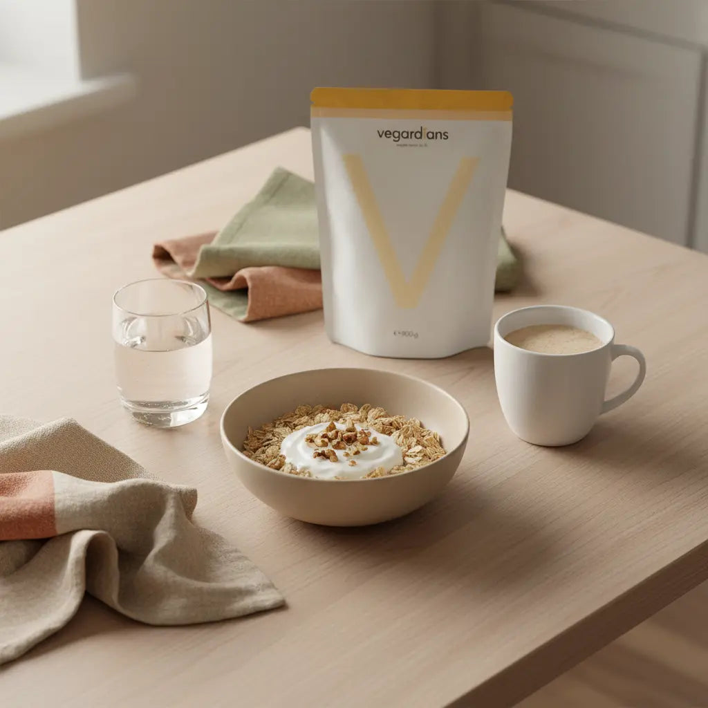 Morgendliche europäische Küchen‑Szene auf nachhaltigem Holztisch mit Glas Wasser, Müsli mit pflanzlichem Joghurt, Nüssen und neutralem Proteinshake – Abnehmen im Fitnessstudio