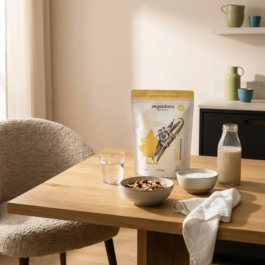 Minimalistische Morgenküche mit Holztisch, Glas Wasser, Müsli, pflanzlichem Joghurt und Shake – ruhige Szene zum Thema abnehmen im fitnessstudio.