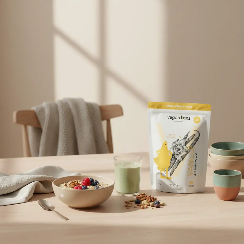 Minimalistische europäische Küche im Morgenlicht: nachhaltiger Holztisch mit veganem Haferbrei, Beeren, Nüssen und Shake, dezente Leinen- und Keramikakzente – Abnehmen mit 60