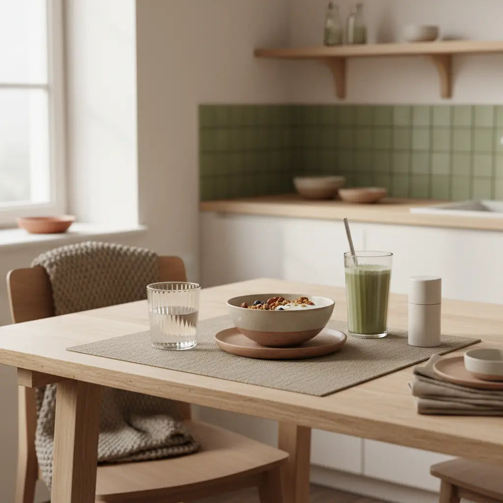 Veganes Frühstück mit Granola, pflanzlichem Joghurt, Nüssen und Shake auf nachhaltig gedecktem Tisch in europäischer Küche bei Morgenlicht – abnehmen mit pflanzlicher Ernährung.