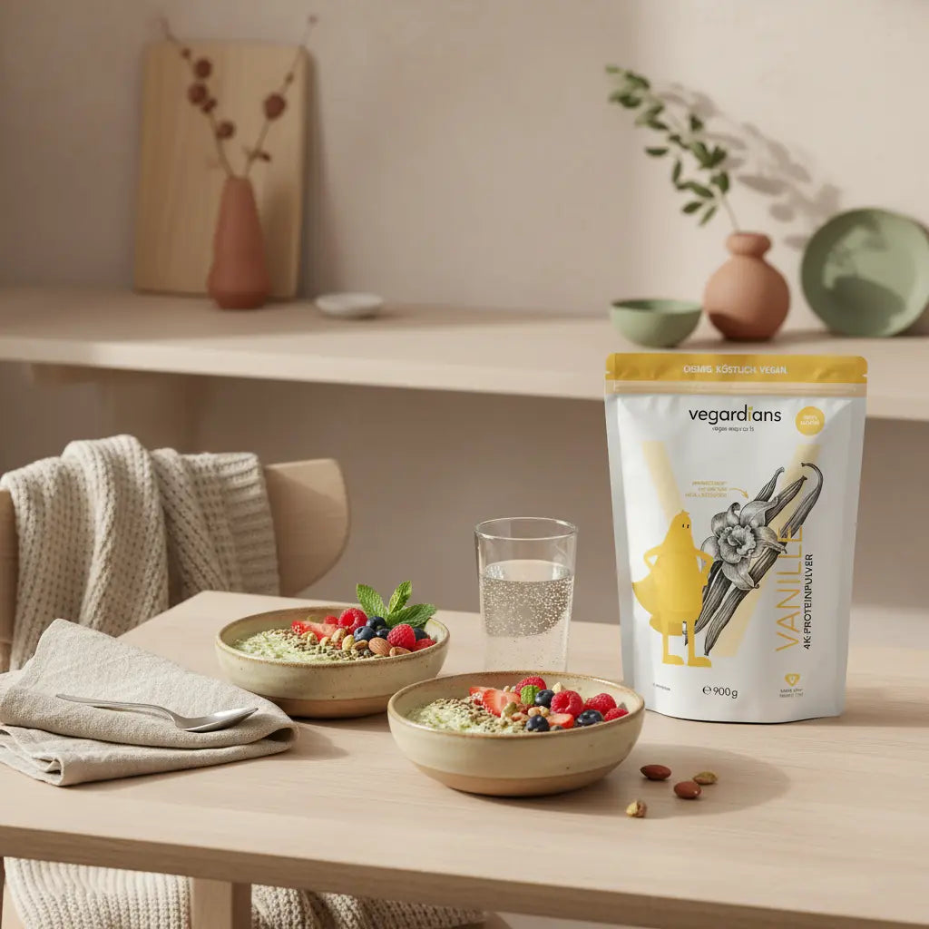 Veganes Protein-Müsli mit Haferflocken, Nüssen und Beeren auf Holztisch im Morgenlicht, klares Wasserglas und Leinenserviette – abnehmen ohne jojo-effekt
