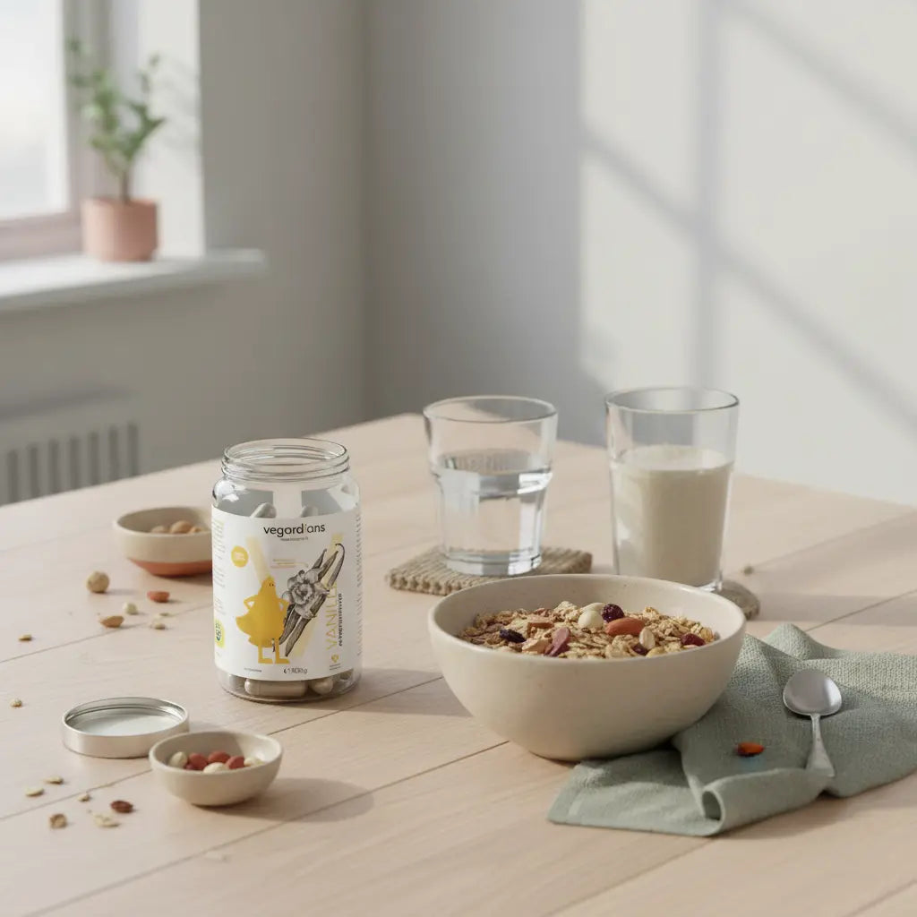 Abnehmkapseln in geöffnetem Glas auf nachhaltigem Holztisch mit Müsli, Nüssen, veganem Shake und Wasserglas im sanften Morgenlicht, Vegardians-Ästhetik