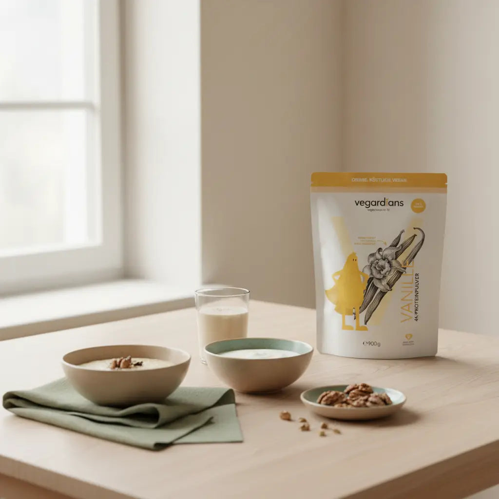 Veganes Frühstück auf nachhaltigem Holztisch im Morgenlicht mit Porridge, Nüssen, Joghurt-Alternative und Shake – Abnehmplan-freundliche, minimalistische Szene