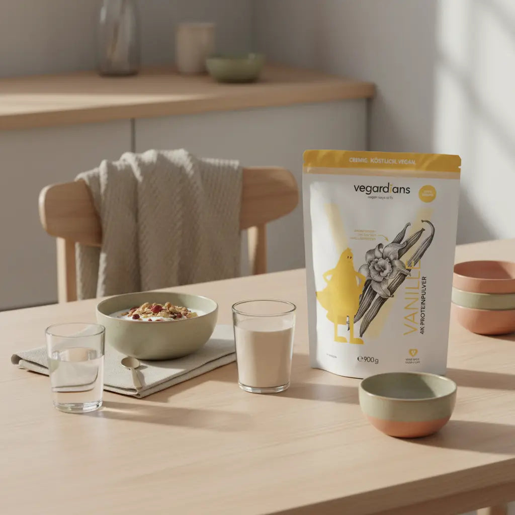 Minimalistische Küchenmorgen-Szene mit Glas Wasser, Müsli, Nüssen, Shake und Abnehmpulver-Produkt auf nachhaltigem Holztisch in warmen Beige- und Salbeitönen.